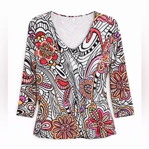 Alberto Makali Y2K Beaded Sequin Floral Psychedelic Jersey Top Large Glam Rocker